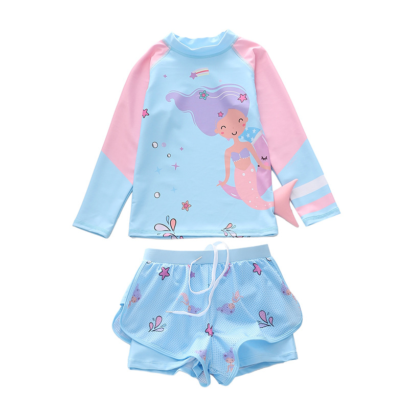 Bộ đồ bơi bé gái tay dài quần bơi ngắn bé gái từ 15 - 35kg hình nàng tiên cá 2 lớp đi bơi MIRILIK