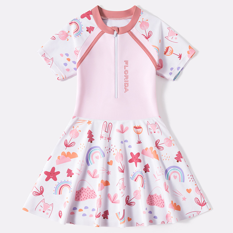 Đầm bơi liền thân bé gái tay ngắn màu tím Pastel váy bơi YUKE họa tiết cầu vồng dễ thương Mirilik