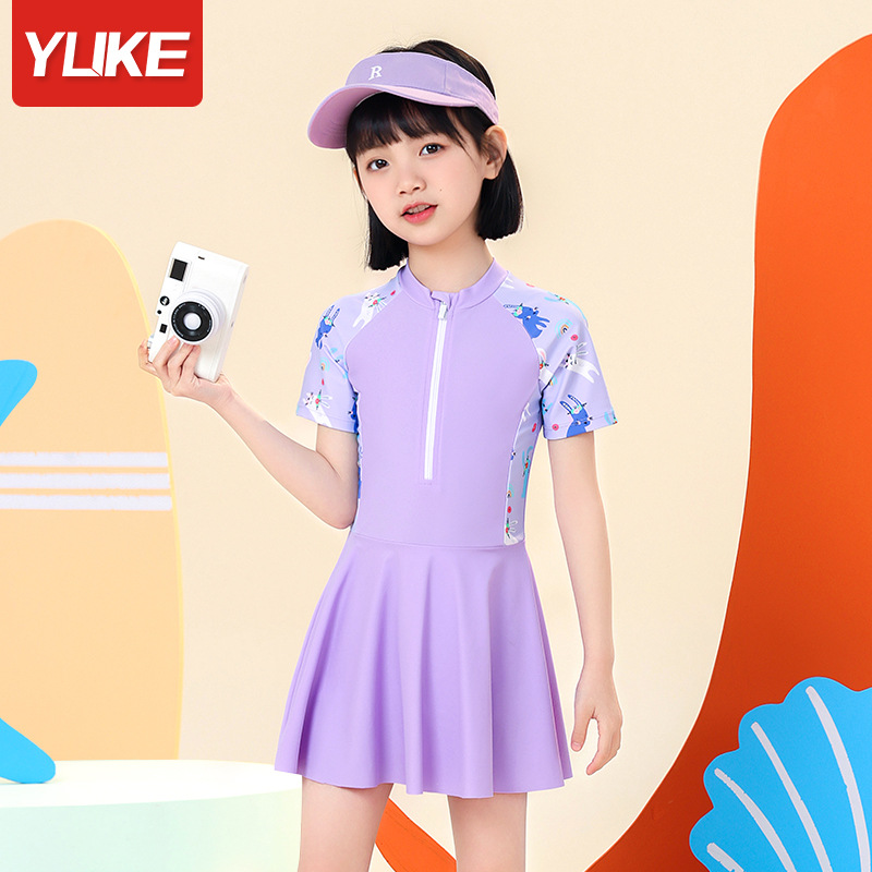 Đầm bơi liền thân bé gái tay ngắn màu tím Pastel váy bơi YUKE họa tiết cầu vồng dễ thương Mirilik