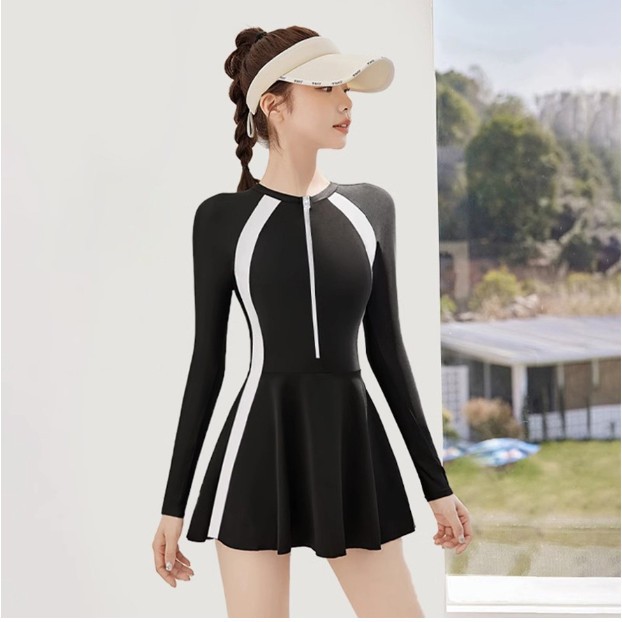 Váy bơi nữ tay dài Bikini liền thân cao cấp chống nắng Đầm bơi màu đen kín đáo YouYou - Yuri Sports