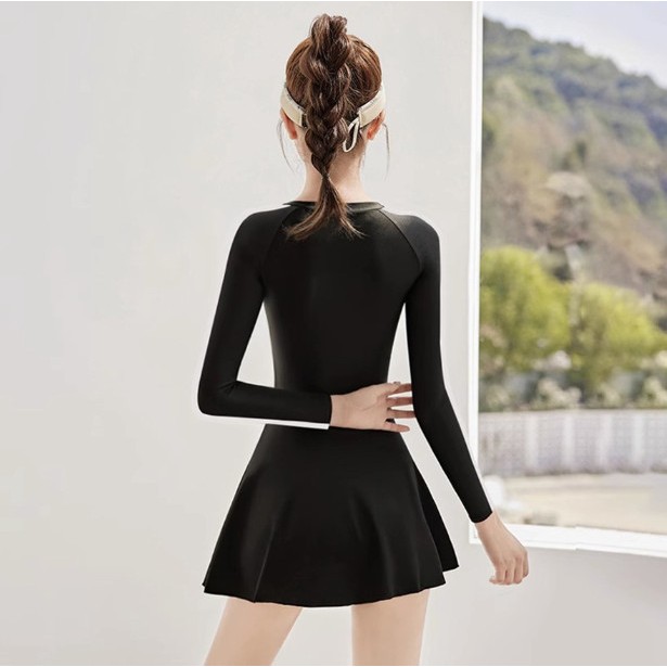 Váy bơi nữ tay dài Bikini liền thân cao cấp chống nắng Đầm bơi màu đen kín đáo YouYou - Yuri Sports