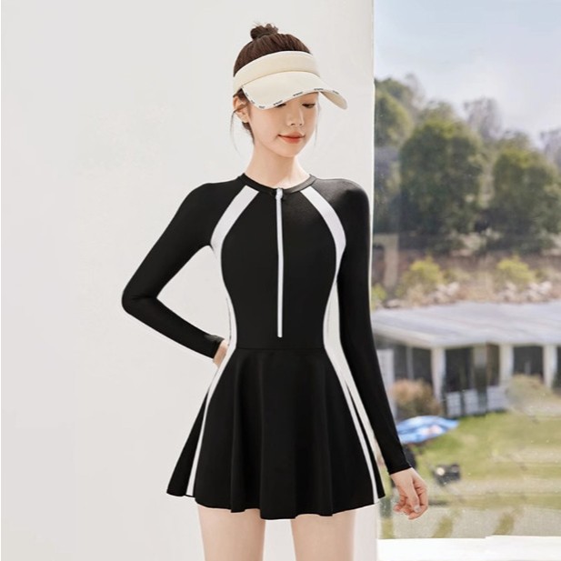 Váy bơi nữ tay dài Bikini liền thân cao cấp chống nắng Đầm bơi màu đen kín đáo YouYou - Yuri Sports