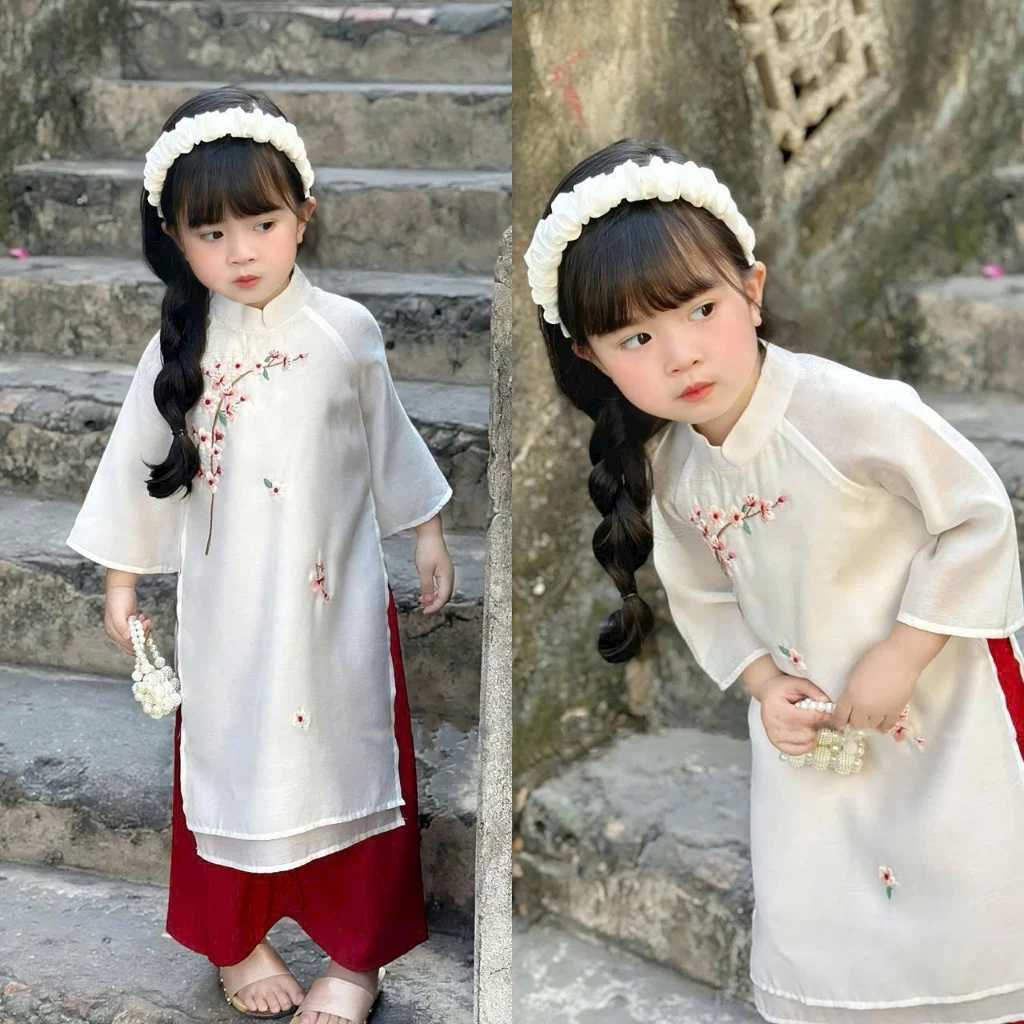 Áo dài bé gái size đại cho áo dài tết 2026 cho bé du xuân quần áo dài chất liệu lụa Mirilik House