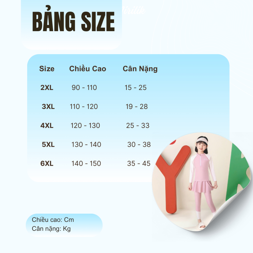 Đầm bơi tay dài kèm váy bơi có quần dài bên trong cho bé gái size đại từ 15 - 45Kg hiệu Yuke Mirilik