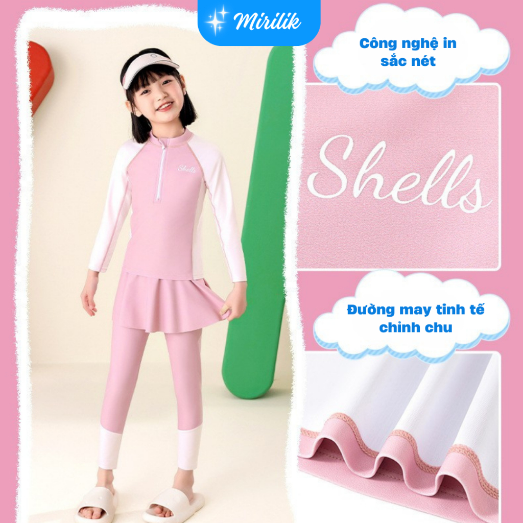 Đầm bơi tay dài kèm váy bơi có quần dài bên trong cho bé gái size đại từ 15 - 45Kg hiệu Yuke Mirilik