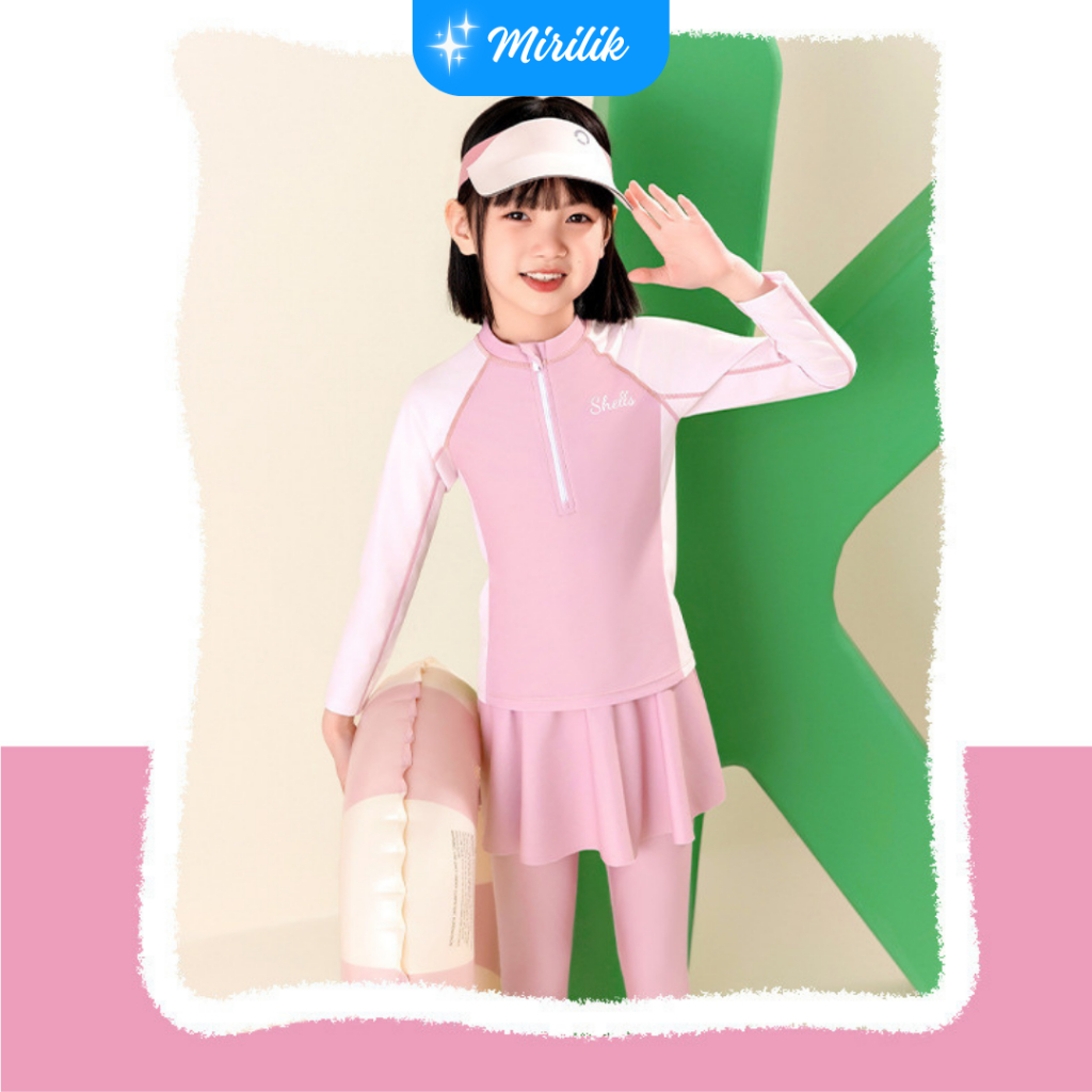 Đầm bơi tay dài kèm váy bơi có quần dài bên trong cho bé gái size đại từ 15 - 45Kg hiệu Yuke Mirilik