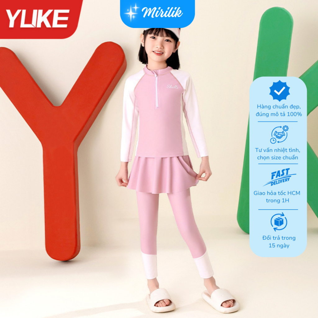 Đầm bơi tay dài kèm váy bơi có quần dài bên trong cho bé gái size đại từ 15 - 45Kg hiệu Yuke Mirilik