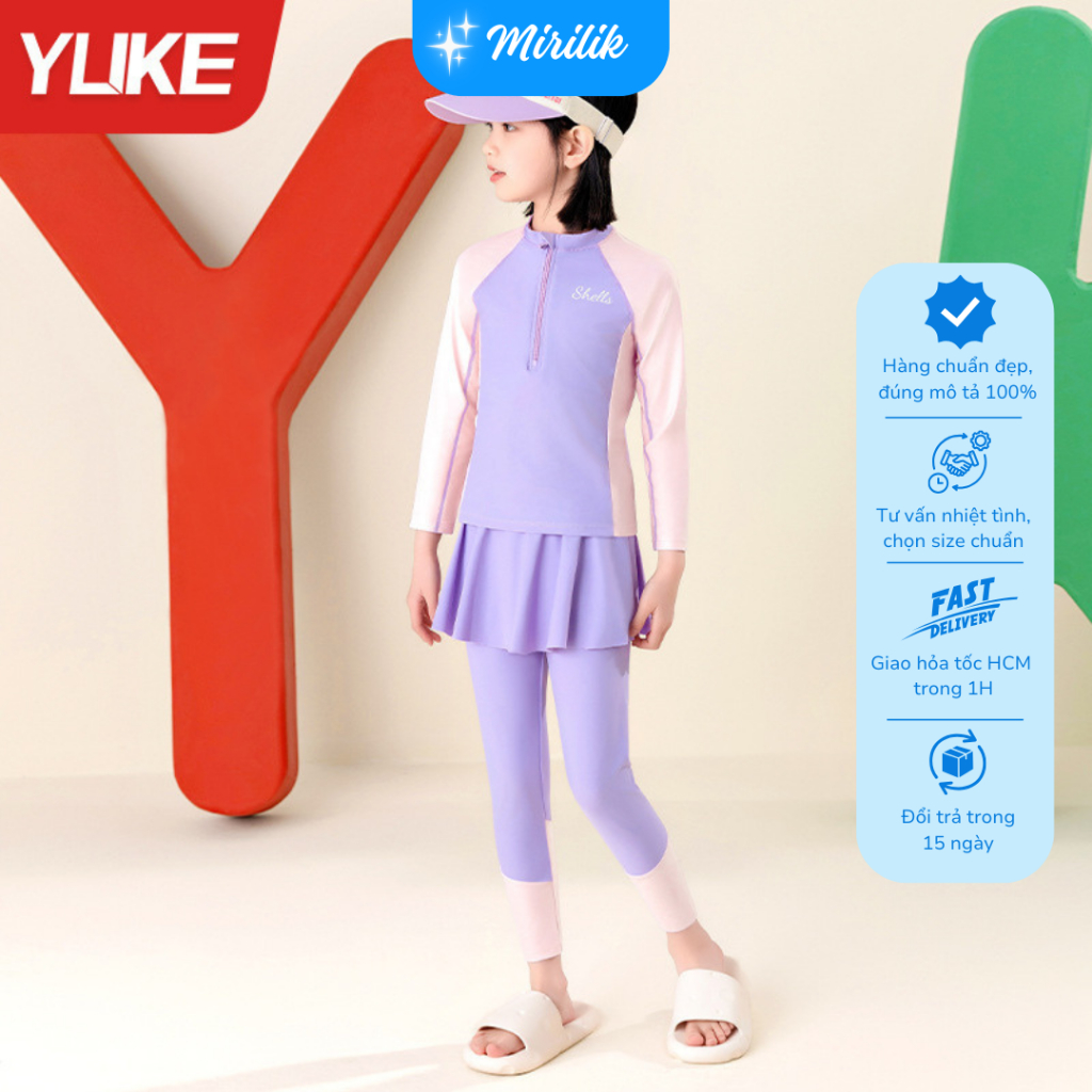 Đầm bơi tay dài kèm váy bơi có quần dài bên trong cho bé gái size đại từ 15 - 45Kg hiệu Yuke Mirilik