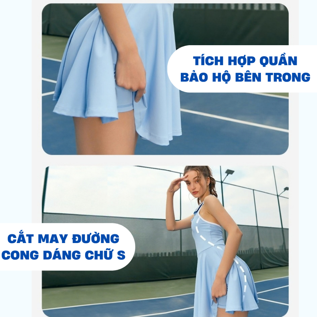 Đồ Pickleball nữ dáng váy cổ polo hở lưng phối viền, trang phục thể thao nữ chơi tennis Golf Mirilik