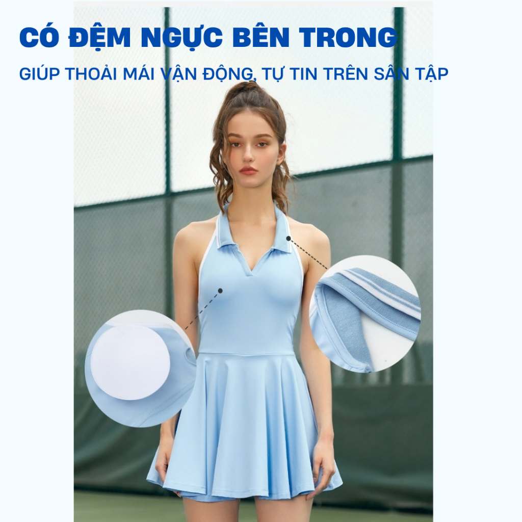 Đồ Pickleball nữ dáng váy cổ polo hở lưng phối viền, trang phục thể thao nữ chơi tennis Golf Mirilik