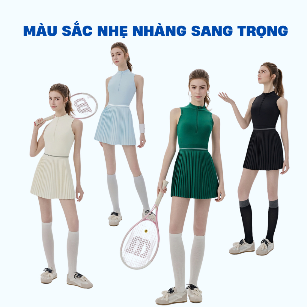 Đồ Pickleball nữ cổ đứng khóa kéo sát nách phối váy xếp ly, trang phục thể thao tennis Mirilik