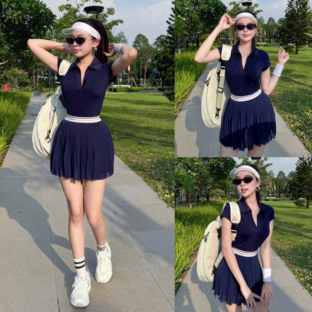 Set Áo thể thao cổ polo nữ VYRA MIRILIK tập gym yoga, chạy bộ, cầu lông, pickleball váy voan xếp ly