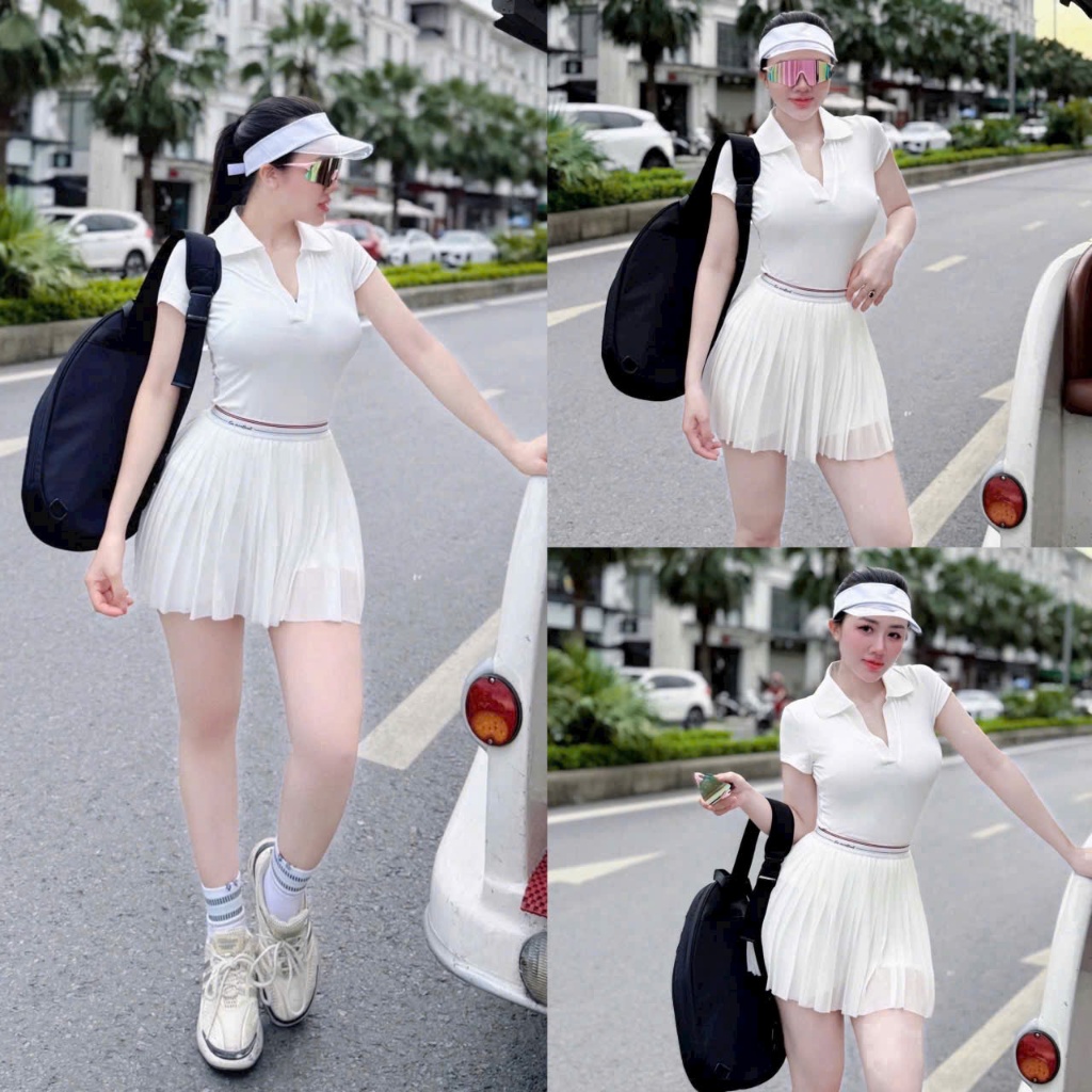 Set Áo thể thao cổ polo nữ VYRA MIRILIK tập gym yoga, chạy bộ, cầu lông, pickleball váy voan xếp ly