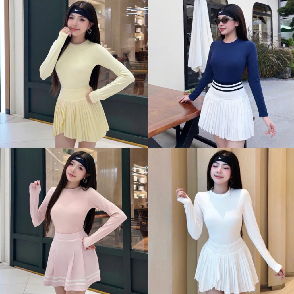 Bộ đồ tập thể thao nữ Pickleball Tennis áo thun tay dài chân váy xếp ly ngắn màu trắng MIRILIK