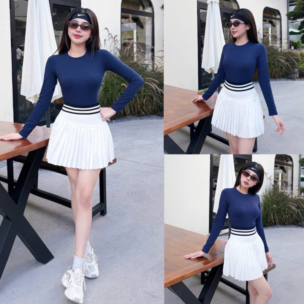 Bộ đồ tập thể thao nữ Pickleball Tennis áo thun tay dài chân váy xếp ly ngắn màu trắng MIRILIK