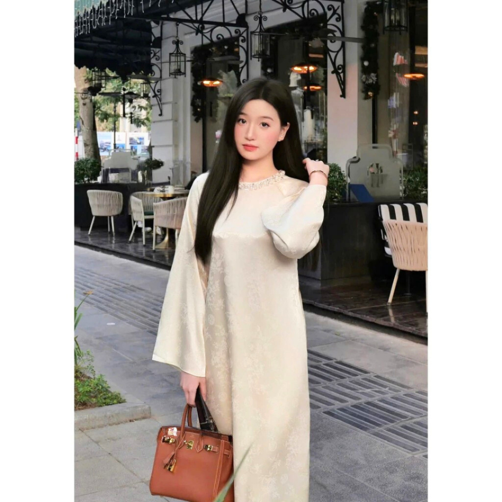 Áo dài Tết 2026 áo dài cách tân dáng suông vải gấm lụa thanh trúc đính kết thủ công cao cấp MIRILIK