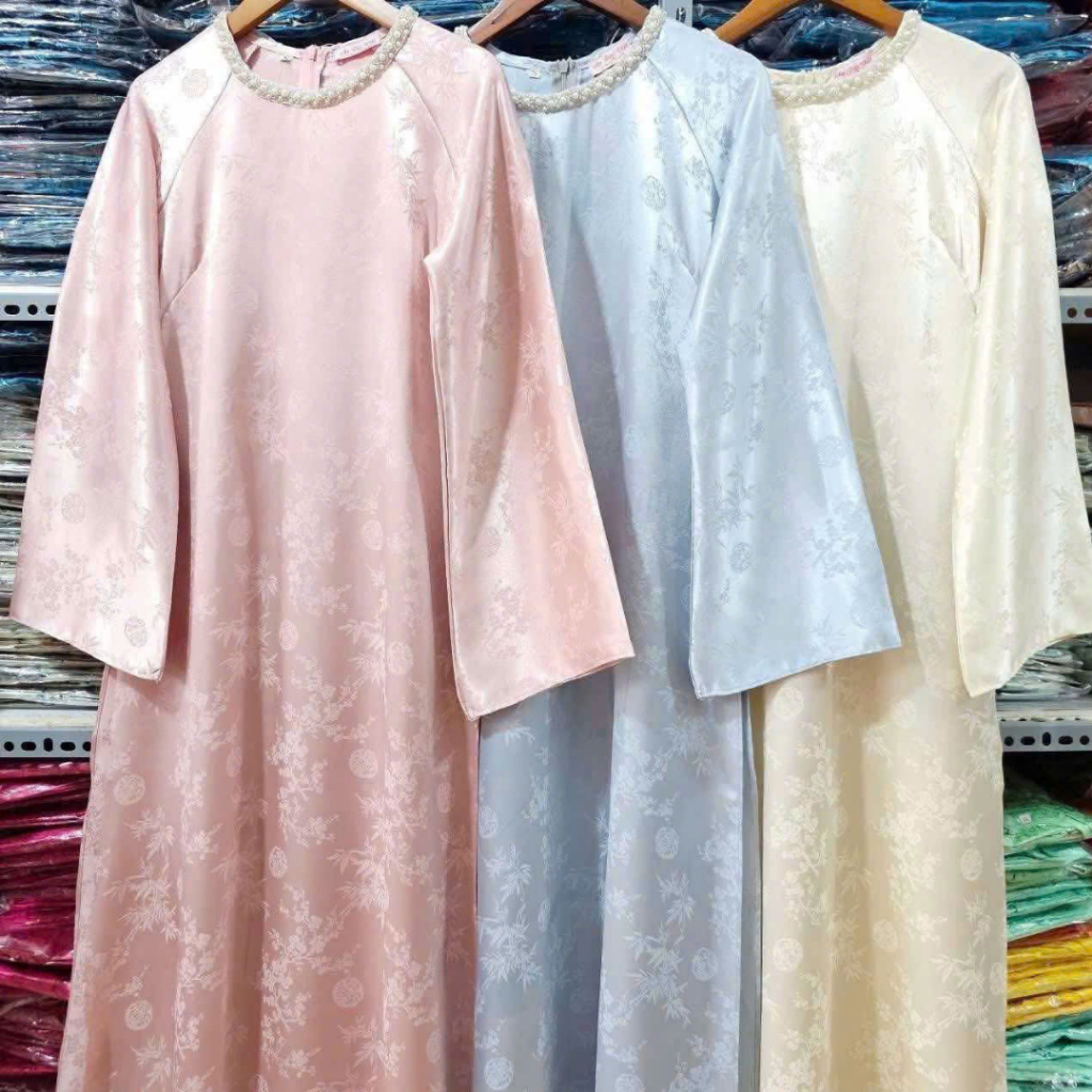 Áo dài Tết 2026 áo dài cách tân dáng suông vải gấm lụa thanh trúc đính kết thủ công cao cấp MIRILIK