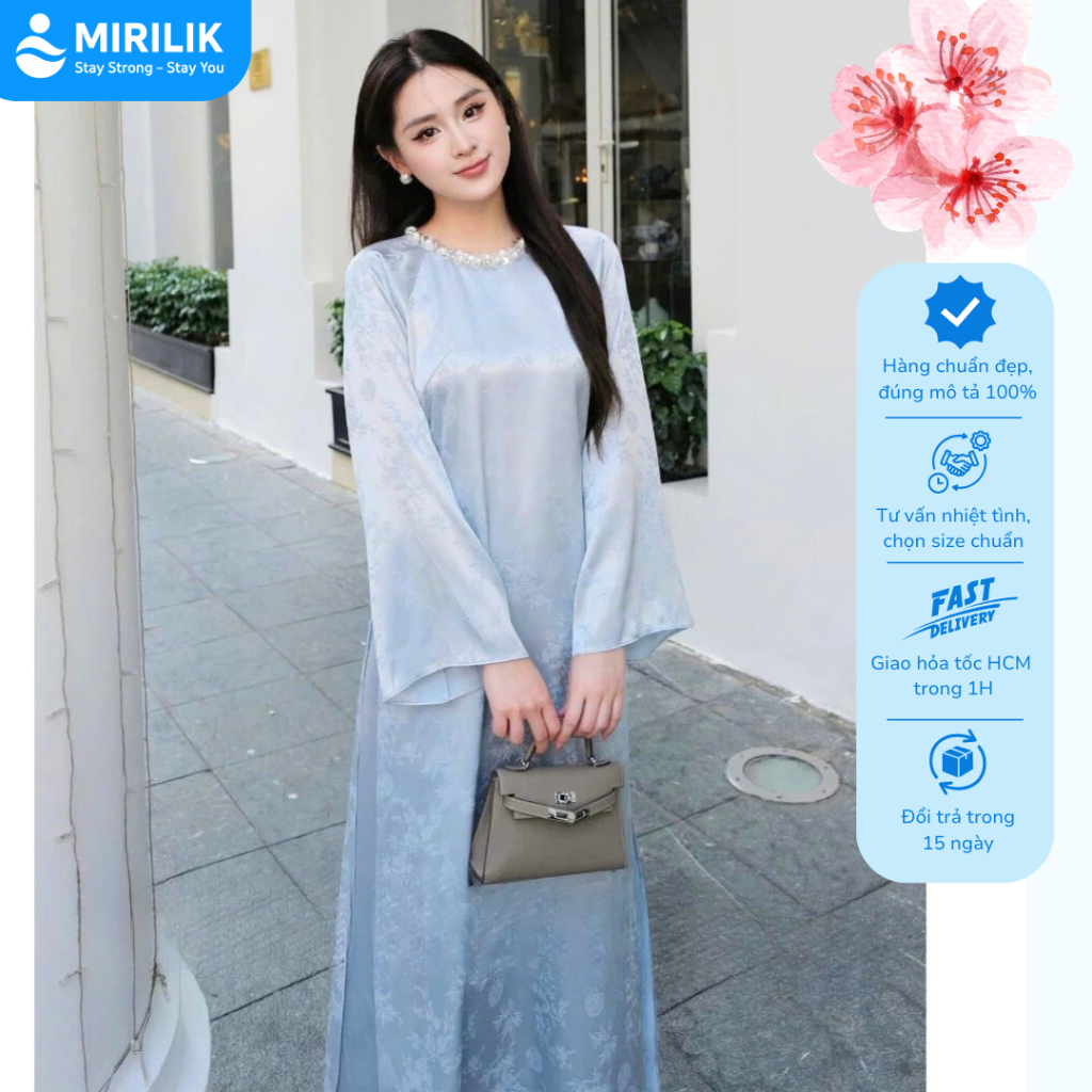 Áo dài Tết 2026 áo dài cách tân dáng suông vải gấm lụa thanh trúc đính kết thủ công cao cấp MIRILIK