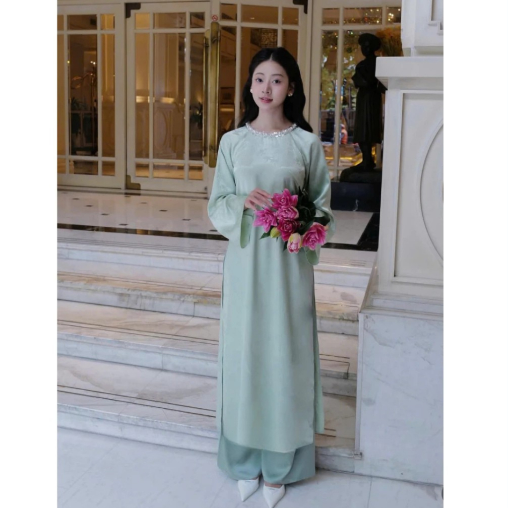 Áo dài Tết 2026 áo dài cách tân dáng suông vải gấm lụa thanh trúc đính kết thủ công cao cấp MIRILIK