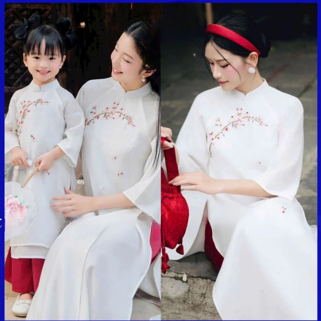 Áo dài nữ trắng thêu hoa Áo dài Tết 2026 cách tân dáng suông vải đính kết thủ công cao cấp Mirilik