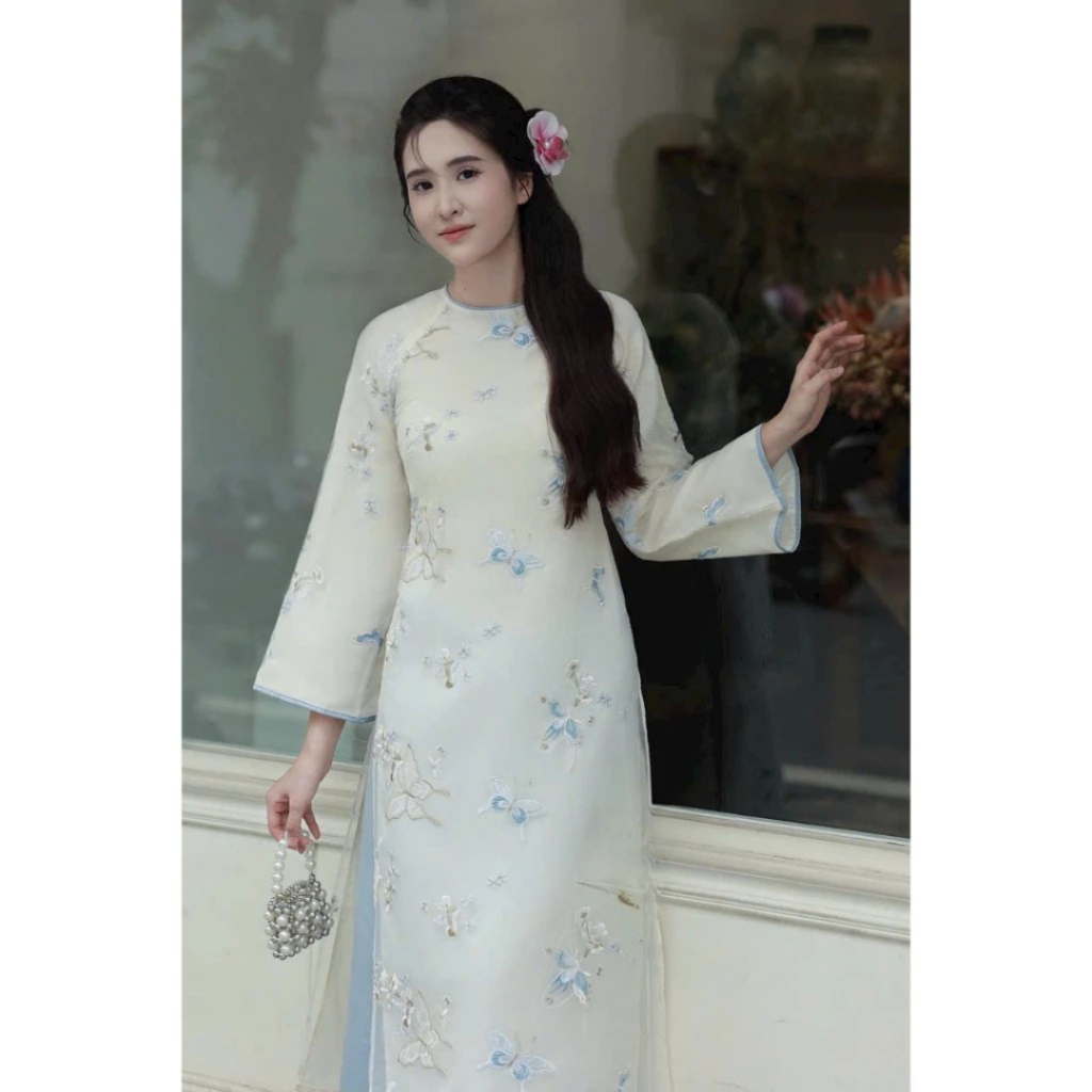 Áo dài dáng suông cách tân nữ Tết 2026 Áo dài voan trắng xanh kèm quần lụa cao cấp du xuân MIRILIK