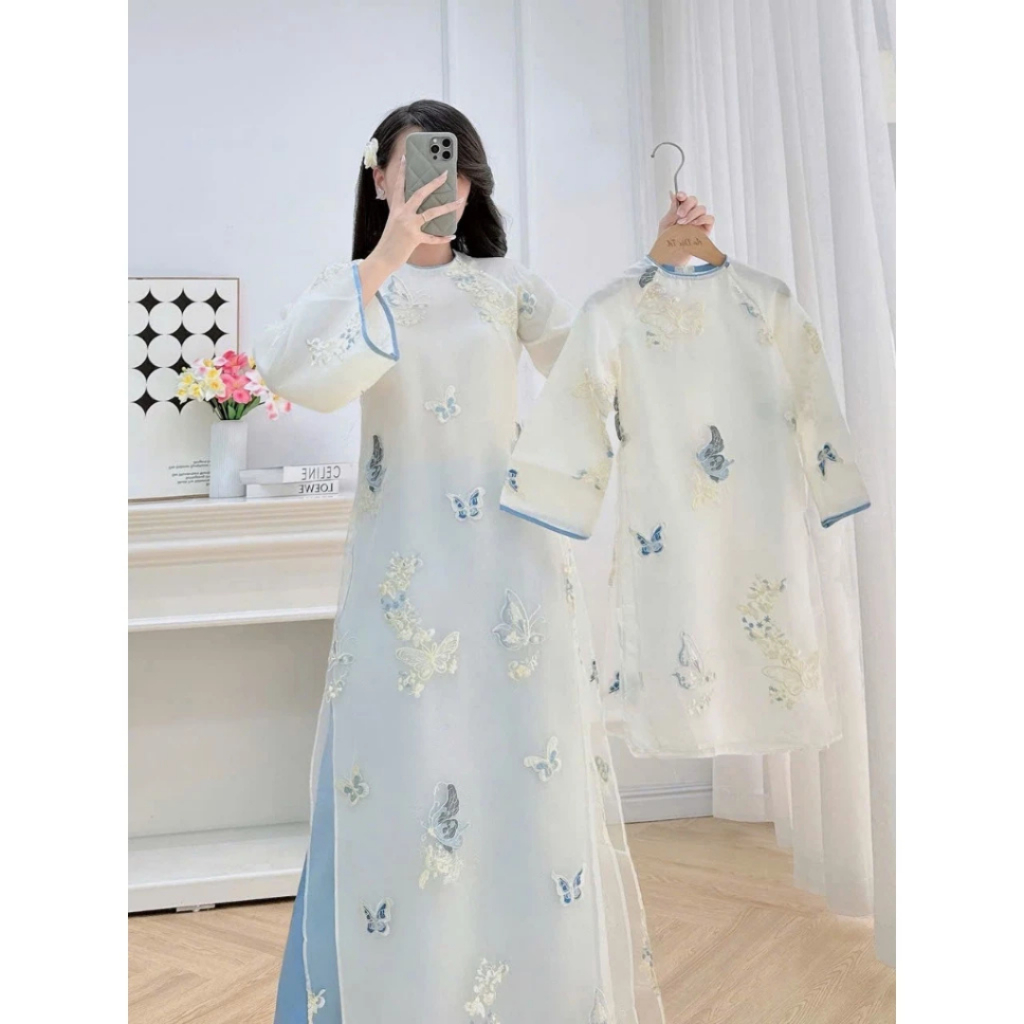 Áo dài dáng suông cách tân nữ Tết 2026 Áo dài voan trắng xanh kèm quần lụa cao cấp du xuân MIRILIK