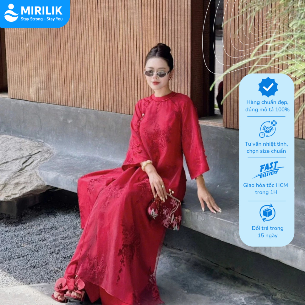 Áo dài đỏ Tết 2026 Áo dài cách tân voan 4 tà thêu cao cấp sang trọng quần áo dài lụa MIRILIK