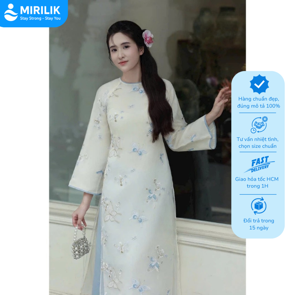 Áo dài dáng suông cách tân nữ Tết 2026 Áo dài voan trắng xanh kèm quần lụa cao cấp du xuân MIRILIK