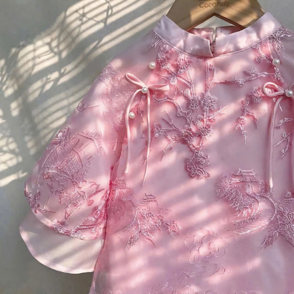 Áo Dài Bé Gái Cao Cấp Màu Hồng Pastel Áo Dài Thêu Hoa Tinh Xảo Dáng Công Chúa Lên Ảnh Xuất Sắc Mirilik