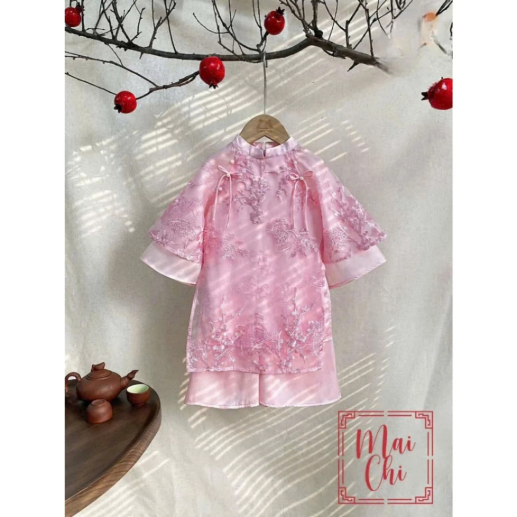 Áo Dài Bé Gái Cao Cấp Màu Hồng Pastel Áo Dài Thêu Hoa Tinh Xảo Dáng Công Chúa Lên Ảnh Xuất Sắc Mirilik
