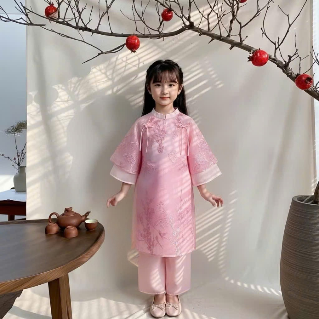 Áo Dài Bé Gái Cao Cấp Màu Hồng Pastel Áo Dài Thêu Hoa Tinh Xảo Dáng Công Chúa Lên Ảnh Xuất Sắc Mirilik