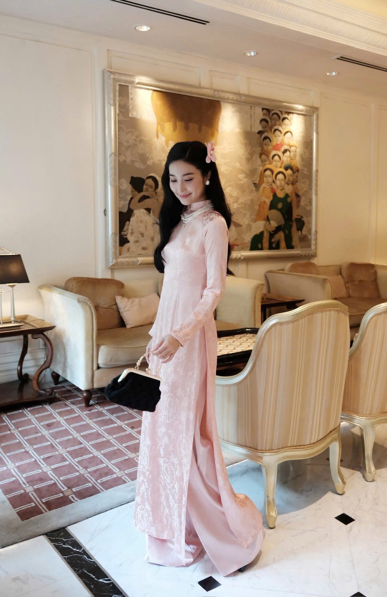 Áo Dài Gấm Bạch Phượng Cao Cấp Nữ Kèm Quần Lụa Ngọc Trai Thiết Kế Sang Trọng Dáng Dài Quý Phái Tết 2026 Chụp Ảnh