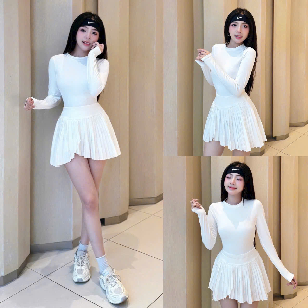 Bộ đồ tập thể thao nữ Pickleball Tennis áo thun tay dài chân váy xếp ly ngắn màu trắng MIRILIK