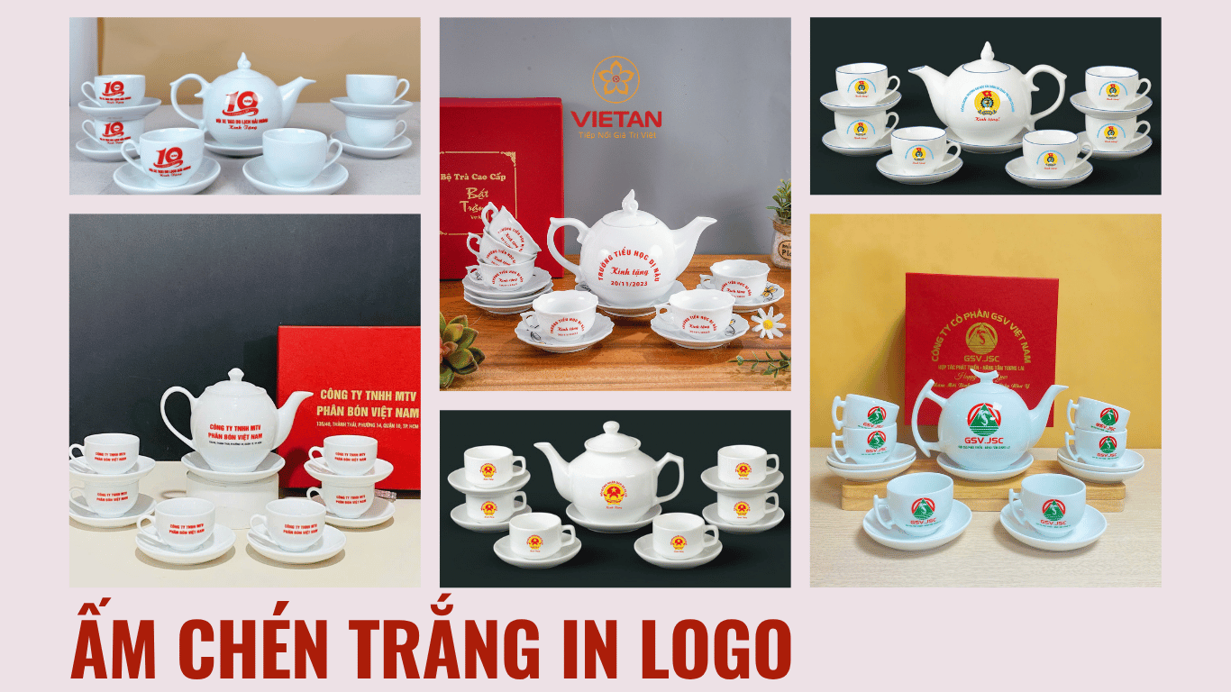 Ấm Chén Trắng In Logo