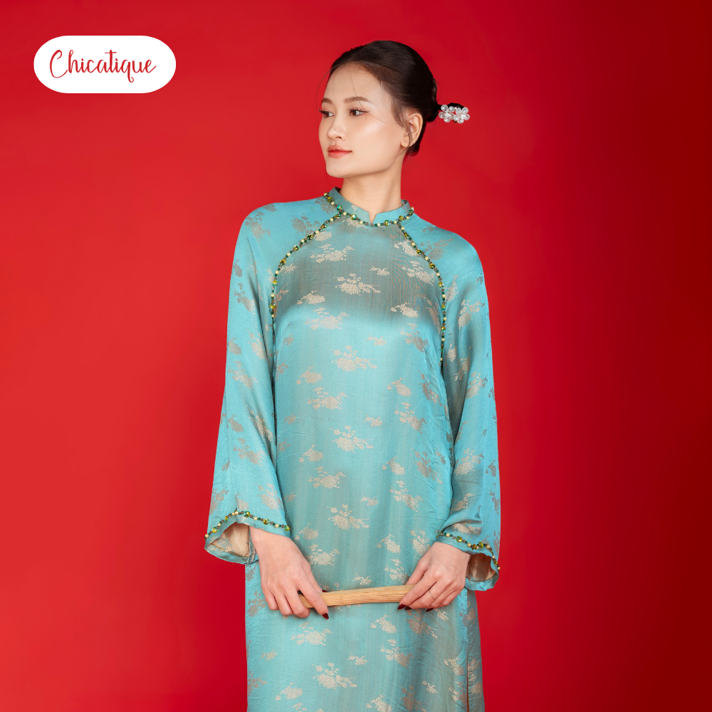 Áo dài Kỳ Hoa Chicatique 100% Tơ Tằm đính đá thủ công sang trọng