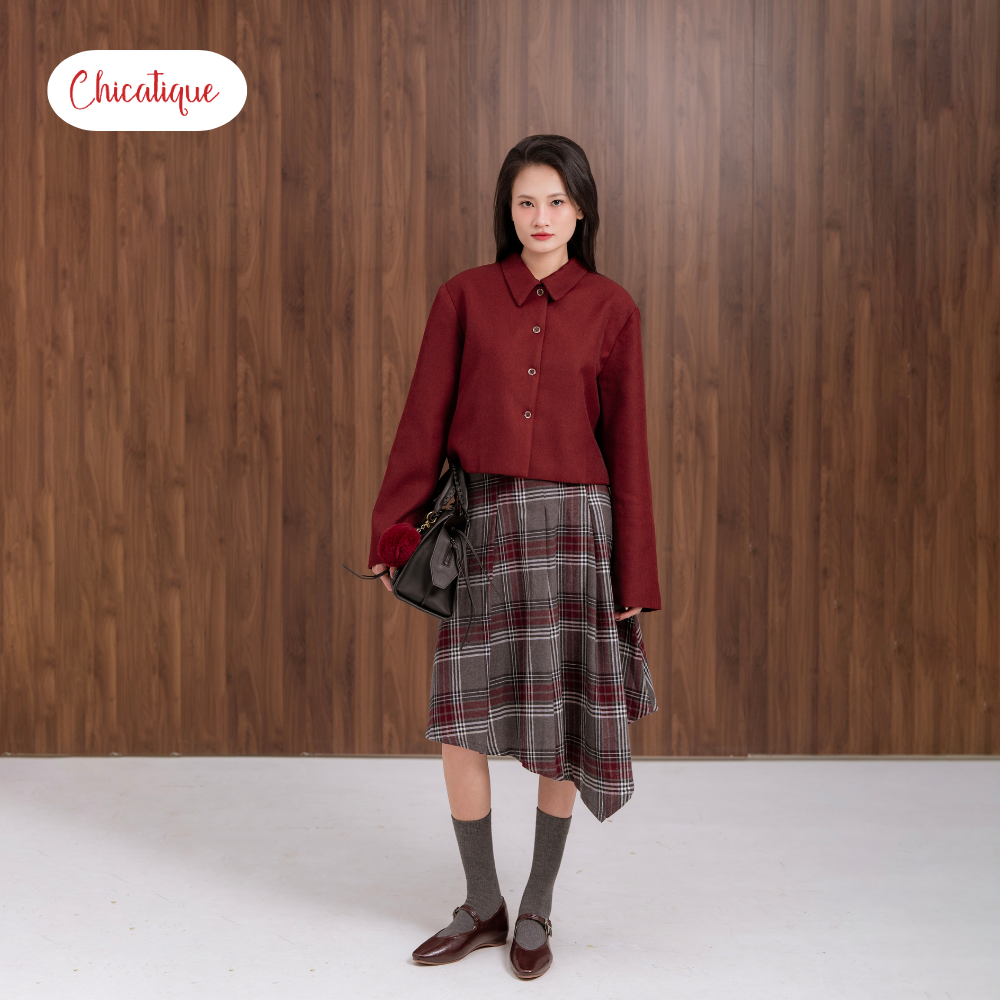 Chân váy công sở thiết kế Chicatique Aria caro đen trắng dáng xòe thanh lịch chất liệu cotton Hàn Quốc mềm mát
