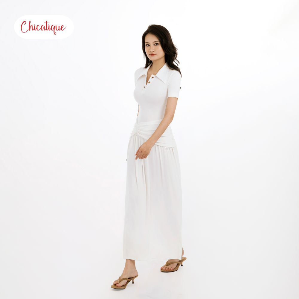Đầm thun cổ Polo Chicatique Alise cotton Hàn co giãn ôm body tôn dáng