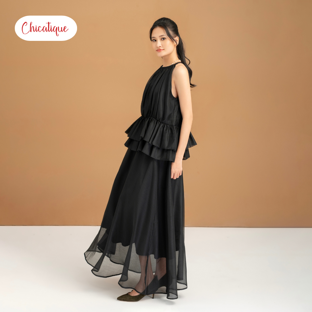 Set áo kiểu cổ yếm kèm váy Chicatique Becka chất tơ Hàn hai lớp bồng bềnh