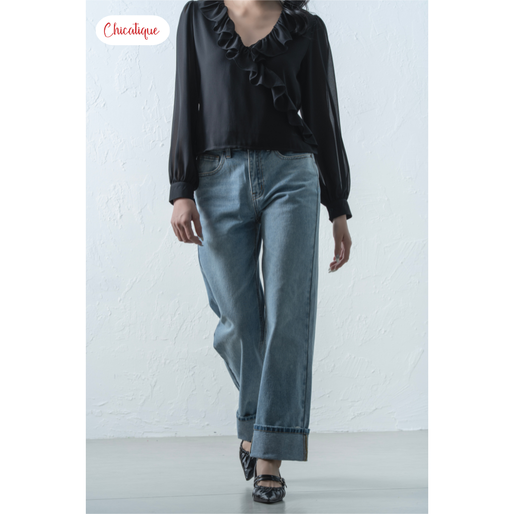 Quần jean Chicatique Evie ống suông basic gập lai Denim dệt Canvas có thun nhẹ