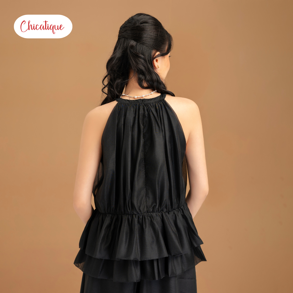 Set áo kiểu cổ yếm kèm váy Chicatique Becka chất tơ Hàn hai lớp bồng bềnh