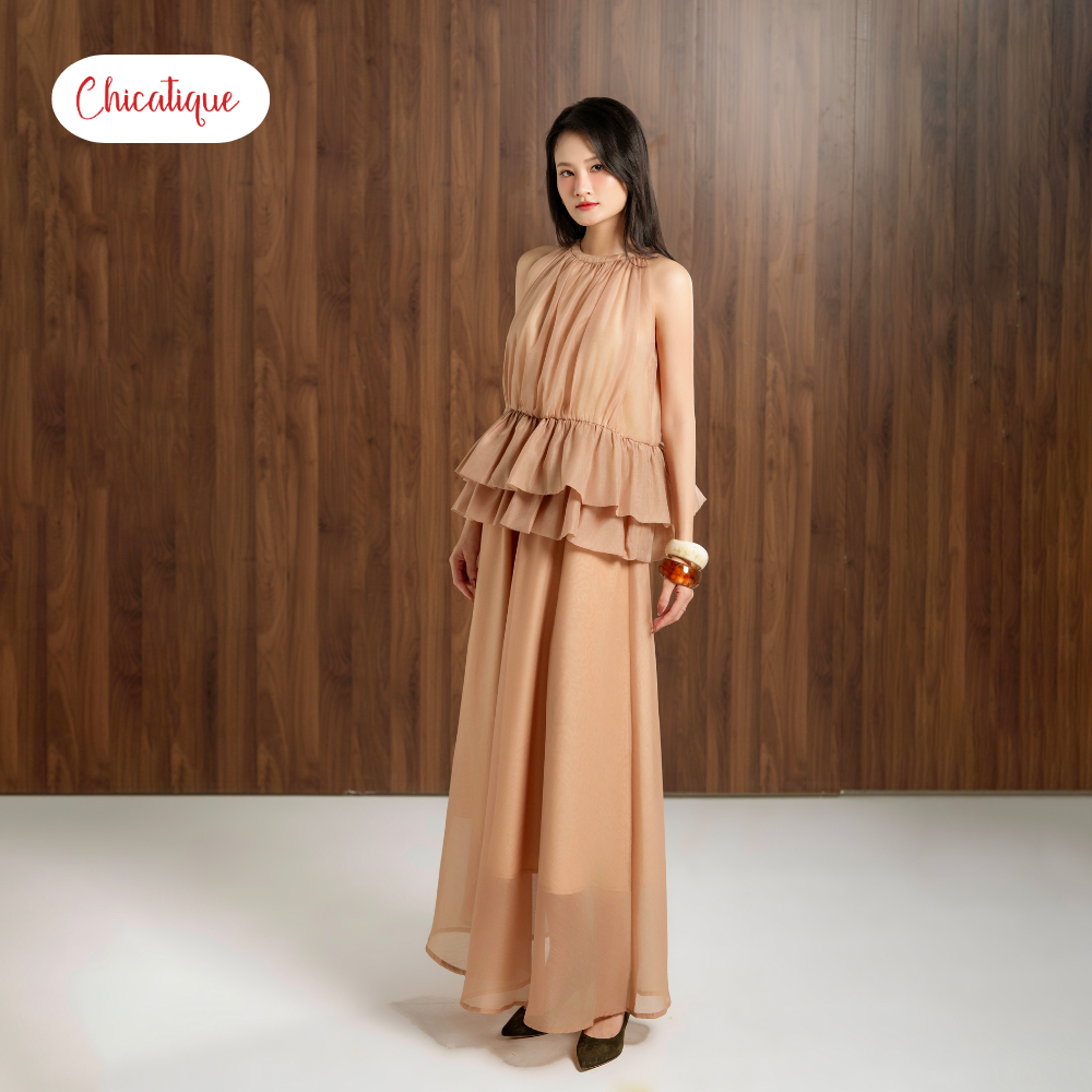 Set áo kiểu cổ yếm kèm váy Chicatique Becka chất tơ Hàn hai lớp bồng bềnh