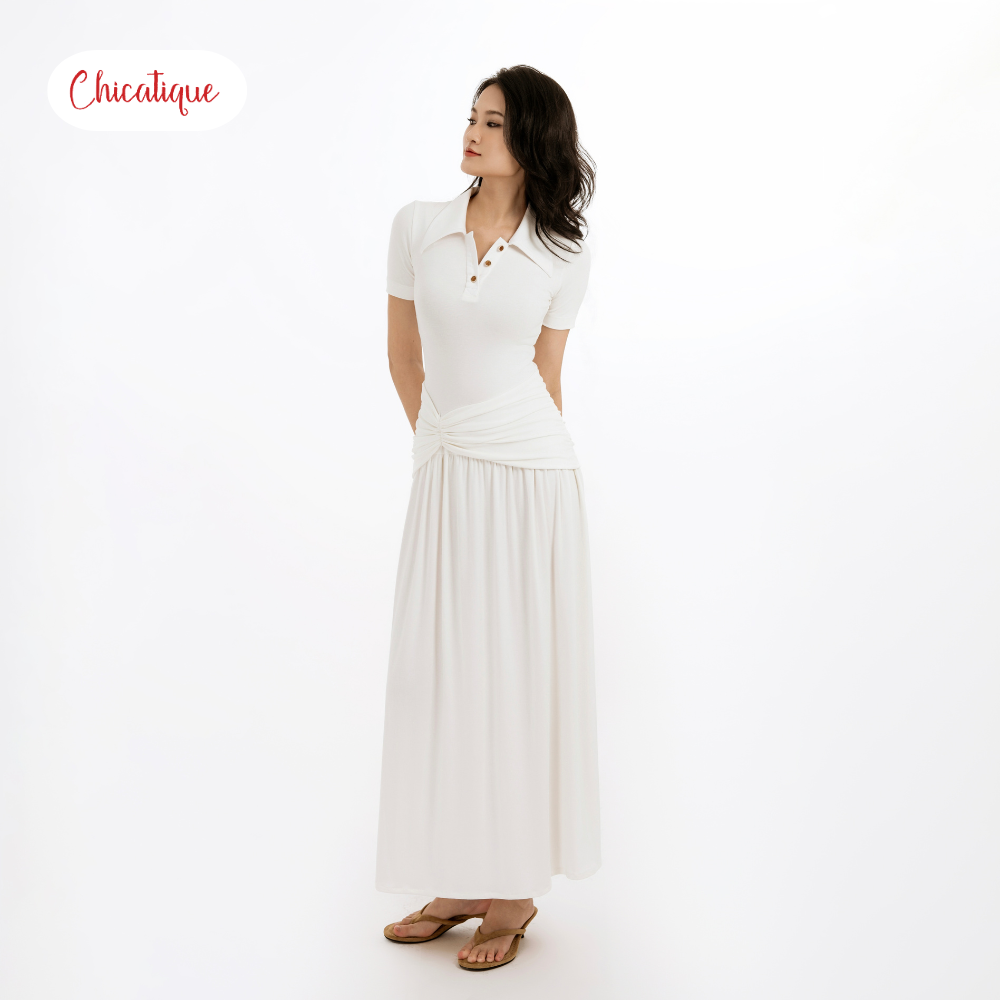 Đầm thun cổ Polo Chicatique Alise cotton Hàn co giãn ôm body tôn dáng