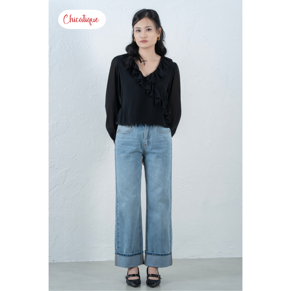 Quần jean Chicatique Evie ống suông basic gập lai Denim dệt Canvas có thun nhẹ