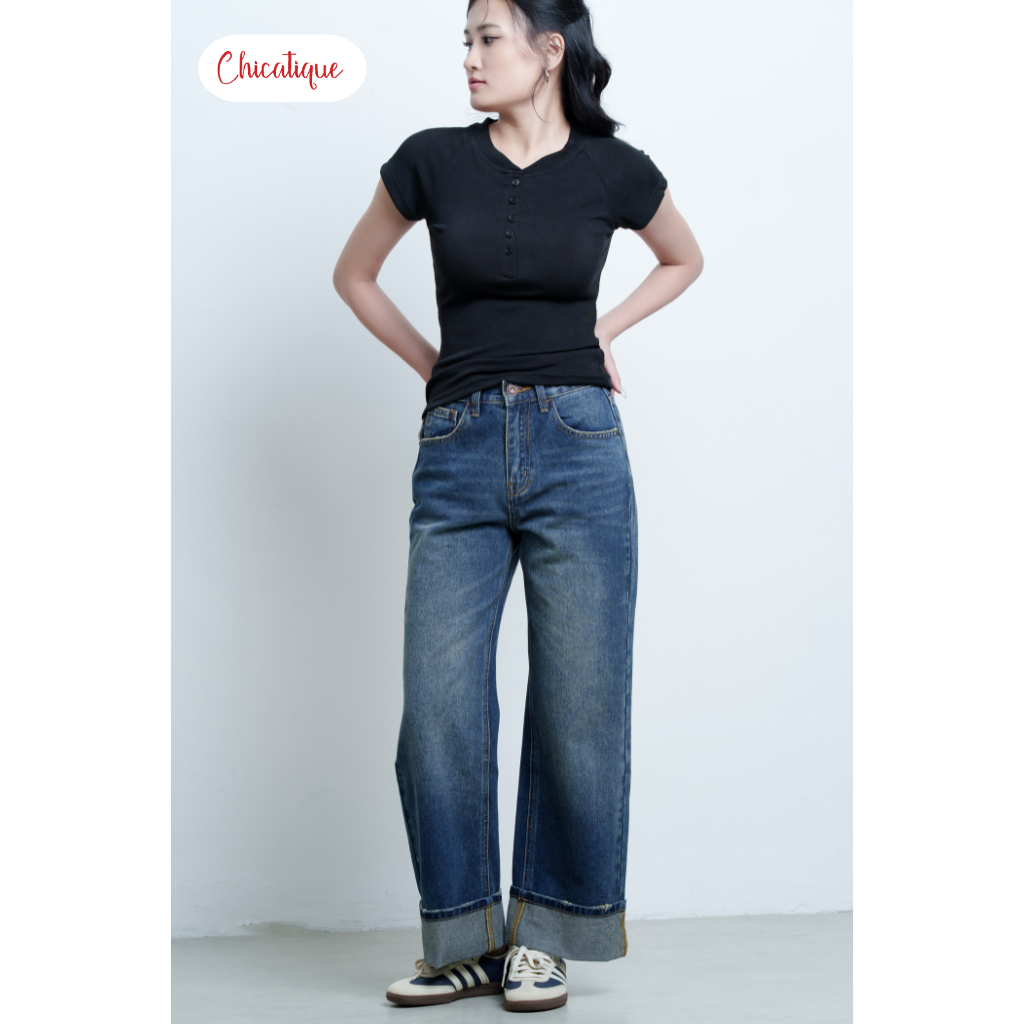 Quần jean Chicatique Evie ống suông basic gập lai Denim dệt Canvas có thun nhẹ