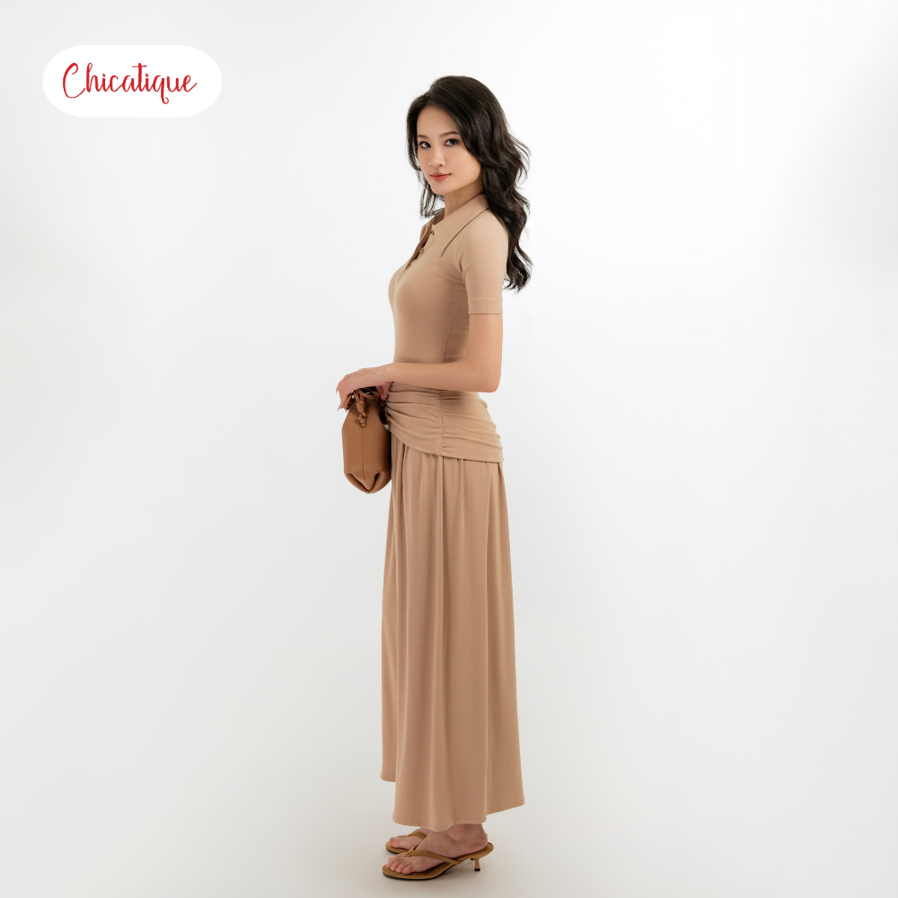 Đầm thun cổ Polo Chicatique Alise cotton Hàn co giãn ôm body tôn dáng