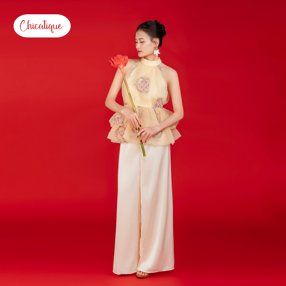 Áo yếm áo dài cách tân Nhã Hoa Chicatique lụa phối tơ thêu sang trọng