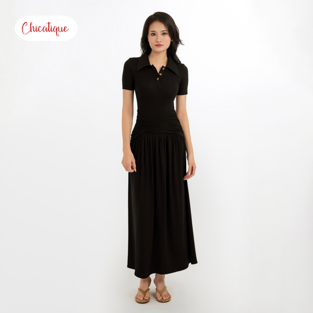 Đầm thun cổ Polo Chicatique Alise cotton Hàn co giãn ôm body tôn dáng