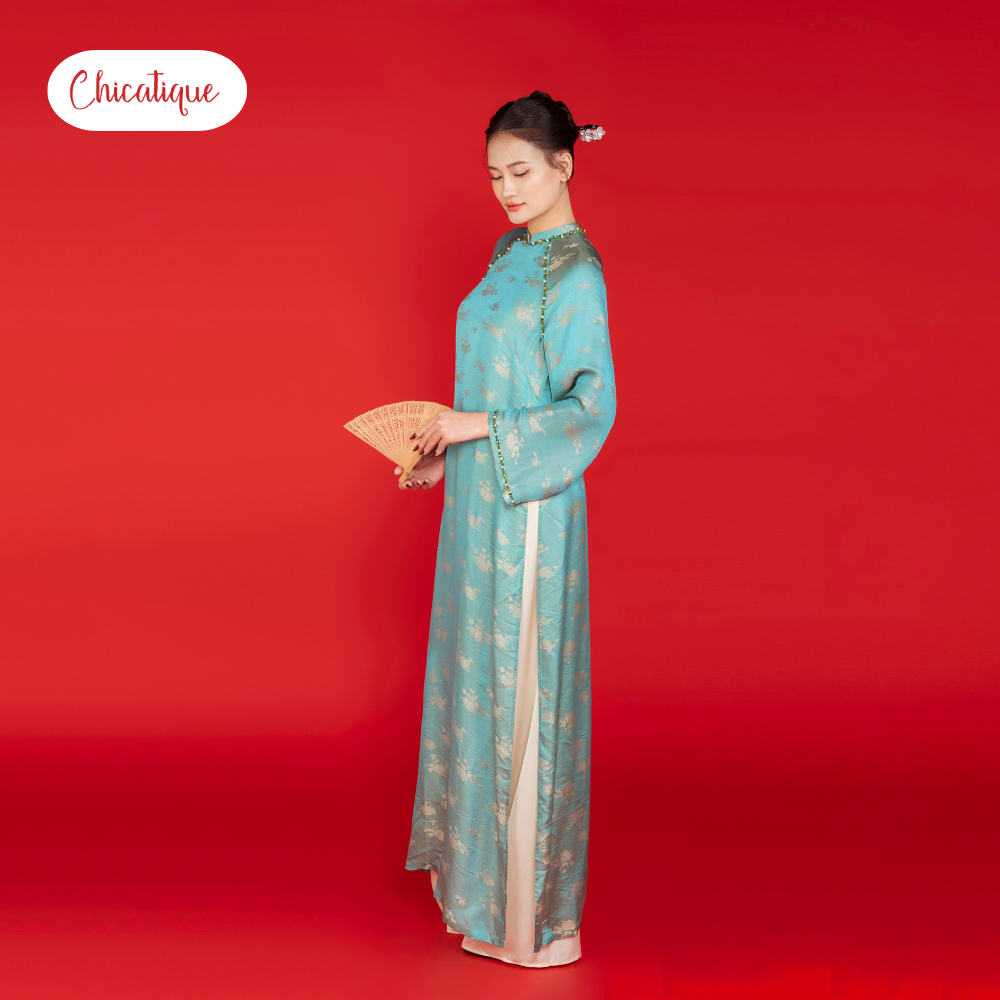 Áo dài Kỳ Hoa Chicatique 100% Tơ Tằm đính đá thủ công sang trọng