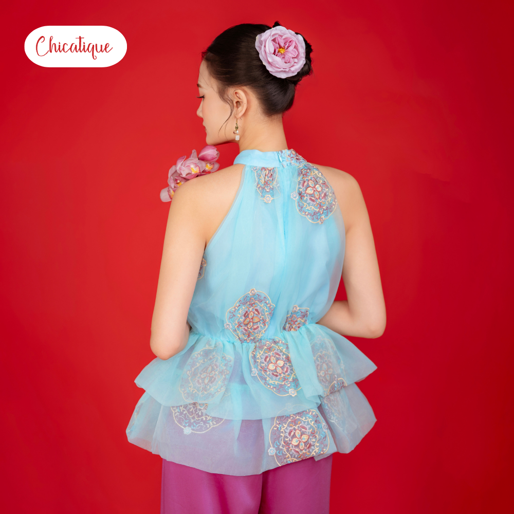 Áo yếm áo dài cách tân Nhã Hoa Chicatique lụa phối tơ thêu sang trọng