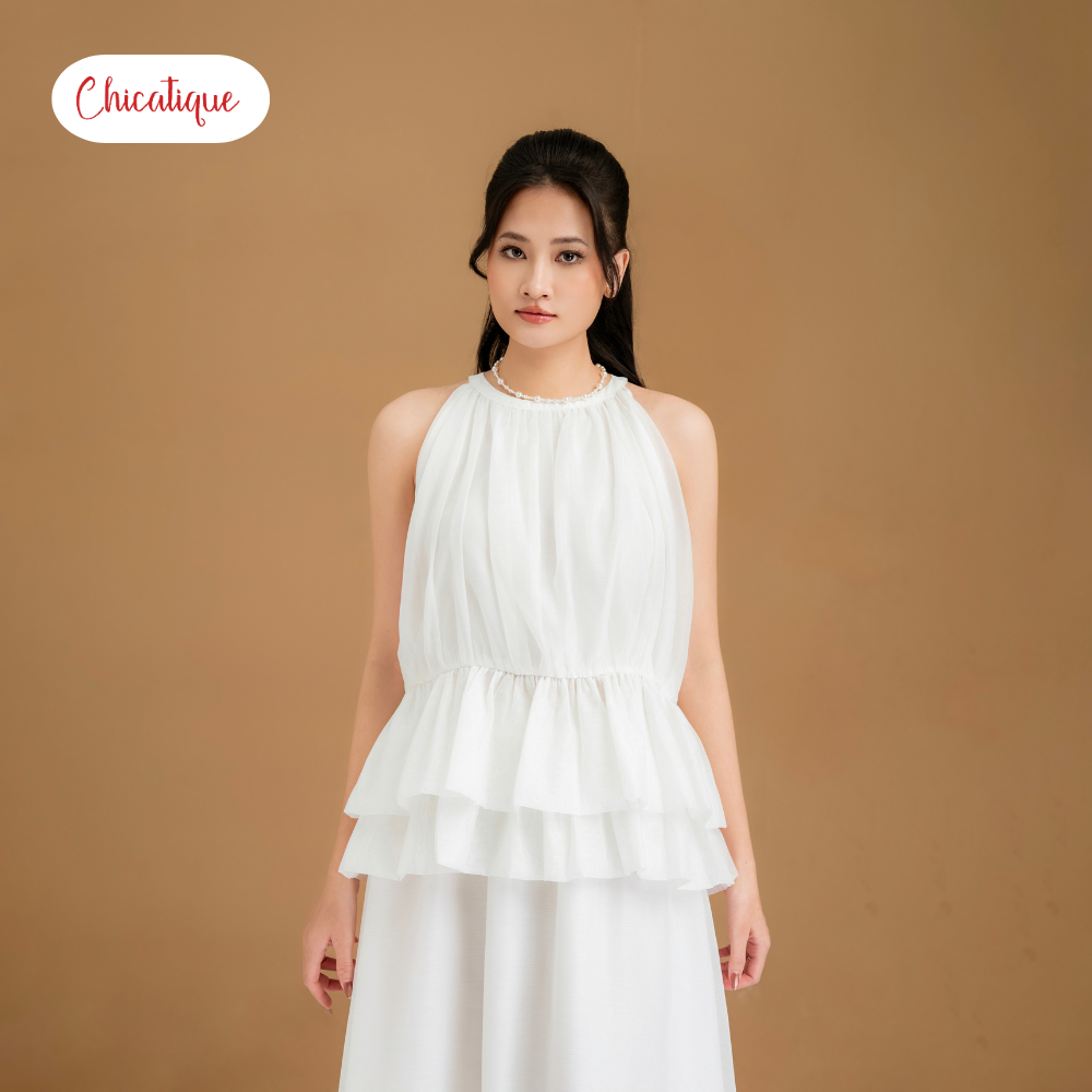 Set áo kiểu cổ yếm kèm váy Chicatique Becka chất tơ Hàn hai lớp bồng bềnh